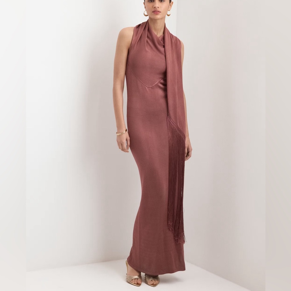 Mango Satin Knit Sleeveless Draped Dress with Fringe Scarf